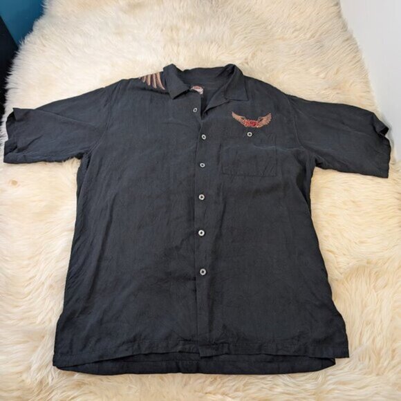 Harley Davidson Short Sleeve 100% Silk Button Down Large Embroidered Graphic L - Picture 3 of 9